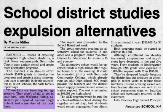 Wolfgang is part of a task force that recommends creating an alternative school that he will be the head principal of - Orlando Sentinel May 23 1993